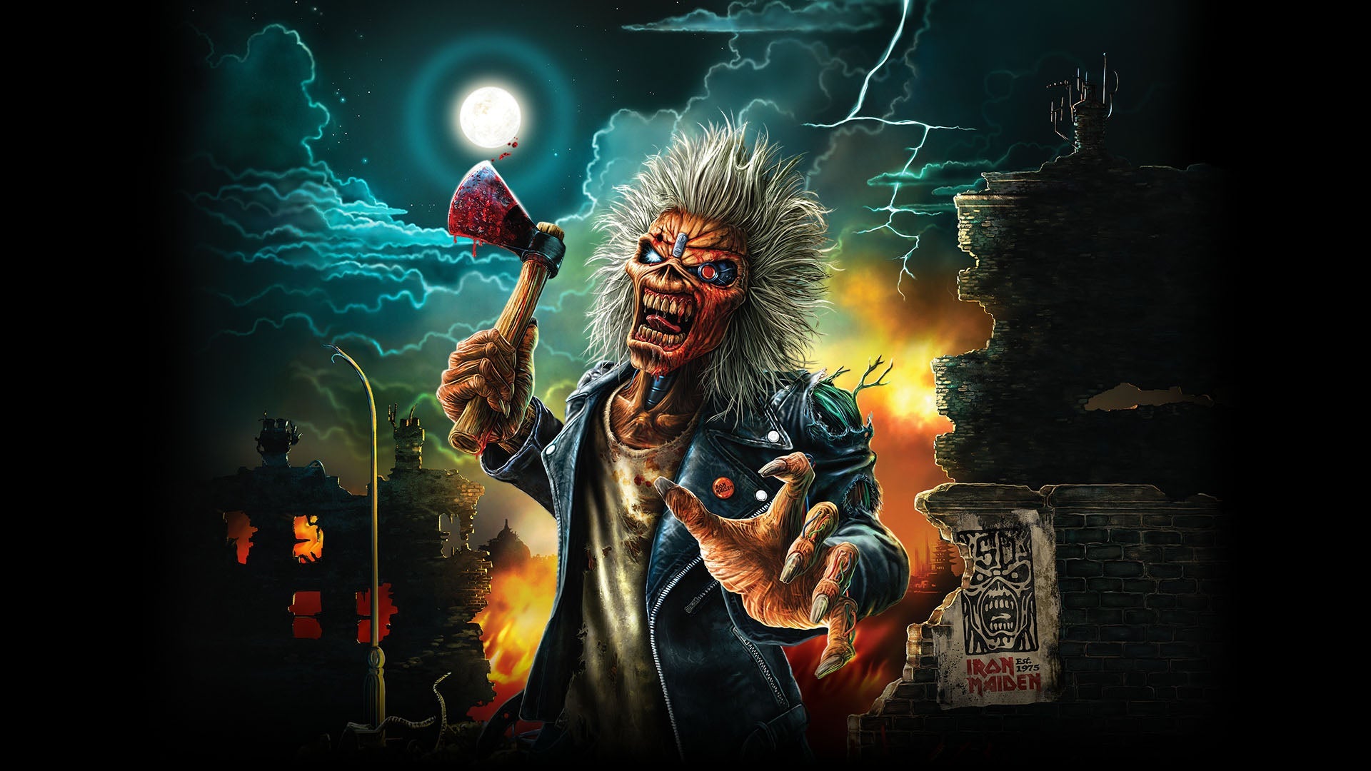 Official Iron Maiden Run For Your Lives World Tour 2025–2026 artwork featuring Eddie with an axe in a fiery post-apocalyptic scene under a full moon.