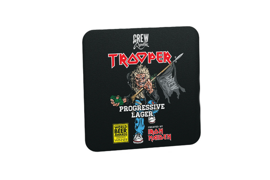 Official Iron Maiden Trooper Progressive Lager coaster from the Run For Your Lives World Tour, featuring Eddie with hop grenade and CREW Republic flag.