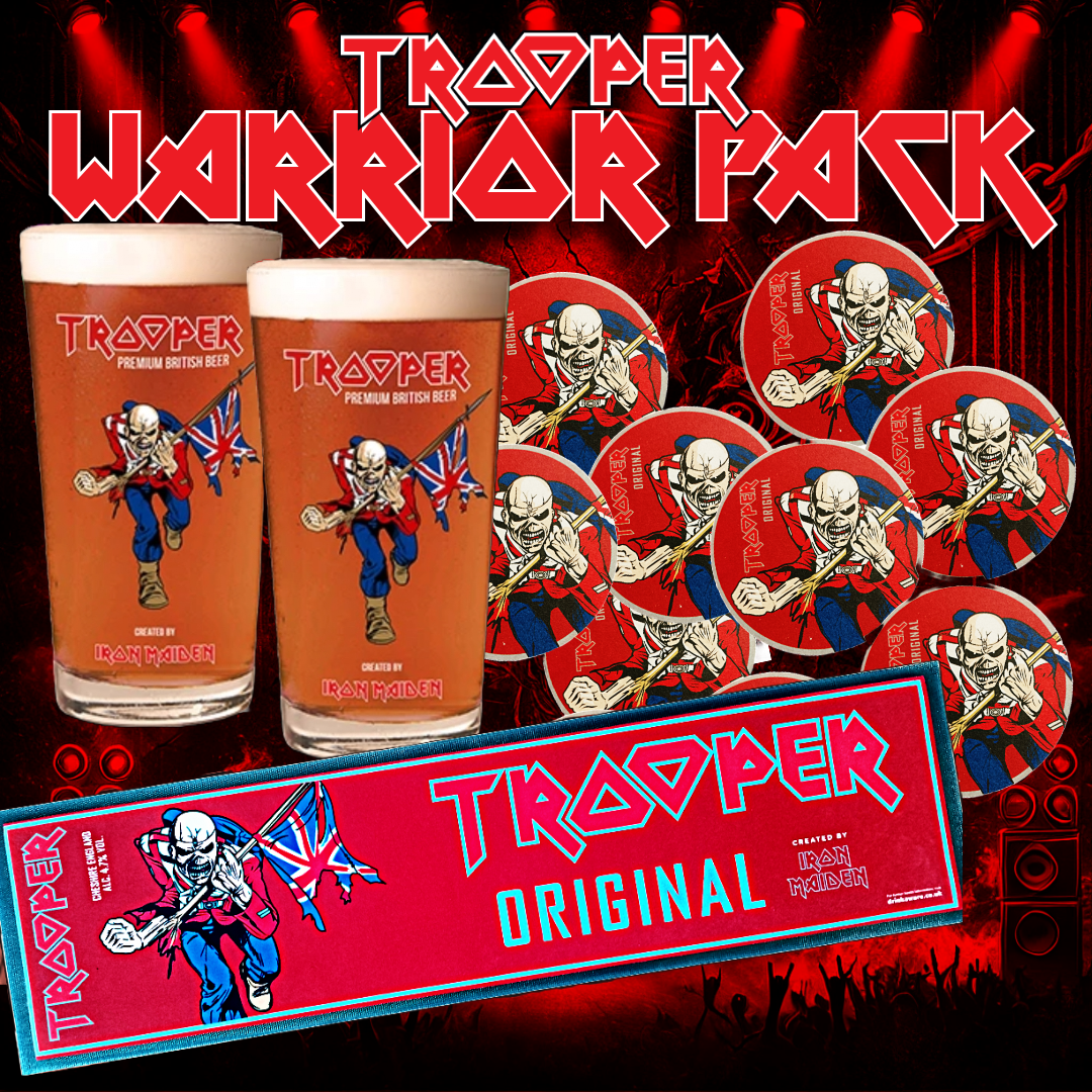 Iron Maiden Trooper Warrior Pack – featuring the all-new Trooper bar mat, coasters, and pint glasses for the ultimate fan experience.
