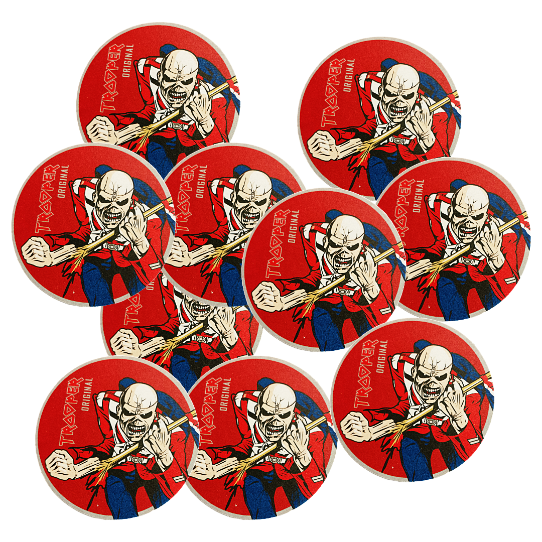 Trooper Original red round beer coasters featuring Eddie, official Iron Maiden design by Robinsons Brewery.