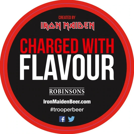 Back of Iron Maiden Trooper beer coaster featuring ‘Charged with Flavour’ text, Robinsons Brewery logo, IronMaidenBeer.com, and #trooperbeer.