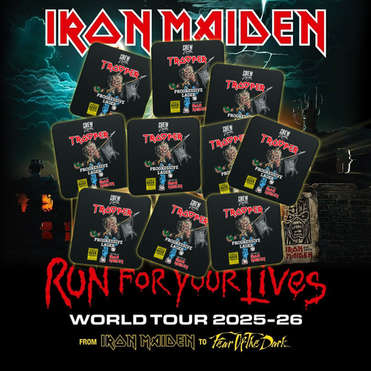 Official Iron Maiden Run For Your Lives World Tour 2025–26 image featuring 10 Trooper Progressive Lager coasters with Eddie artwork and CREW Republic branding.