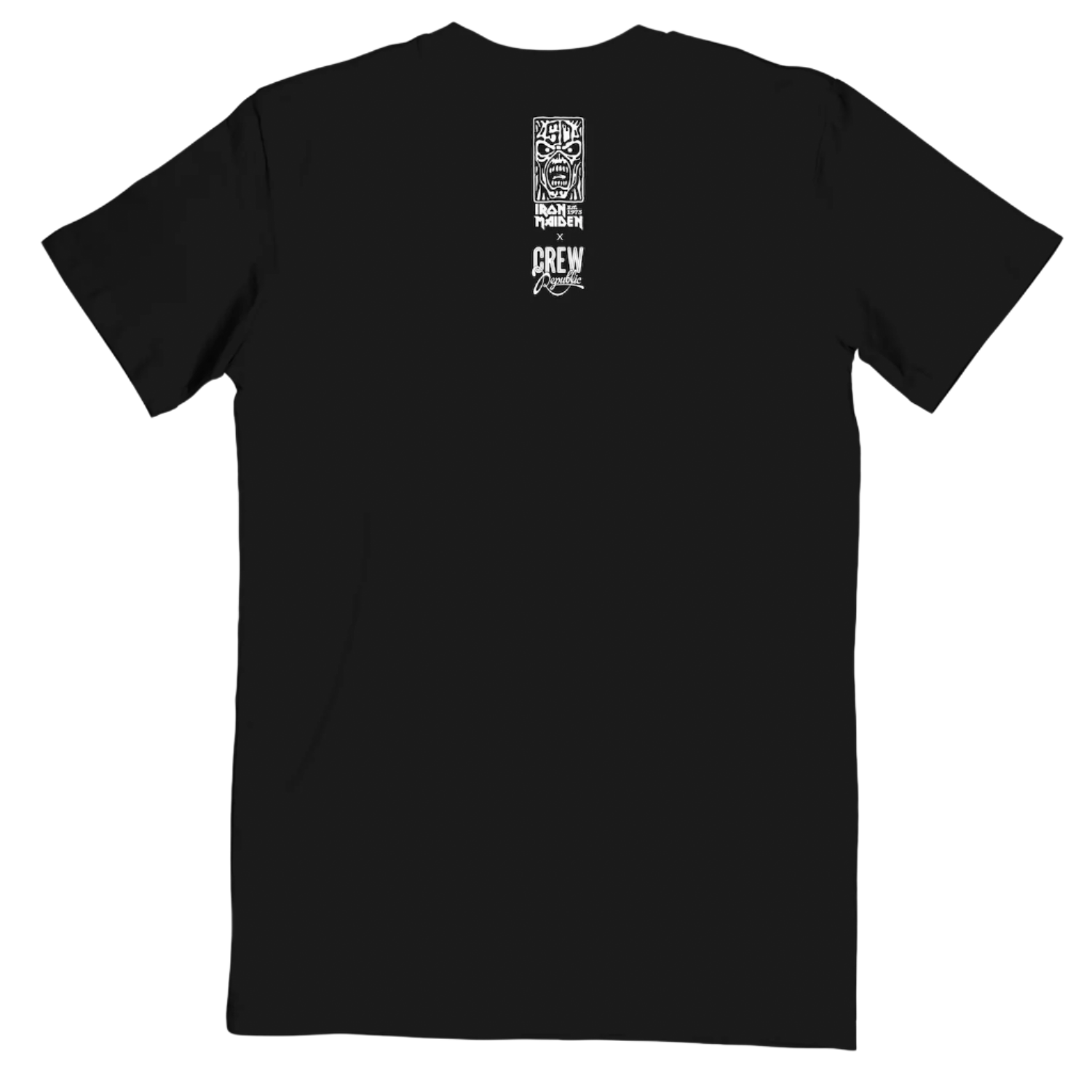 Back of the Iron Maiden TROOPER Run for Your Lives 2025 World Tour Edition T-shirt with vertical Eddie and CREW Republic lock-up graphic.