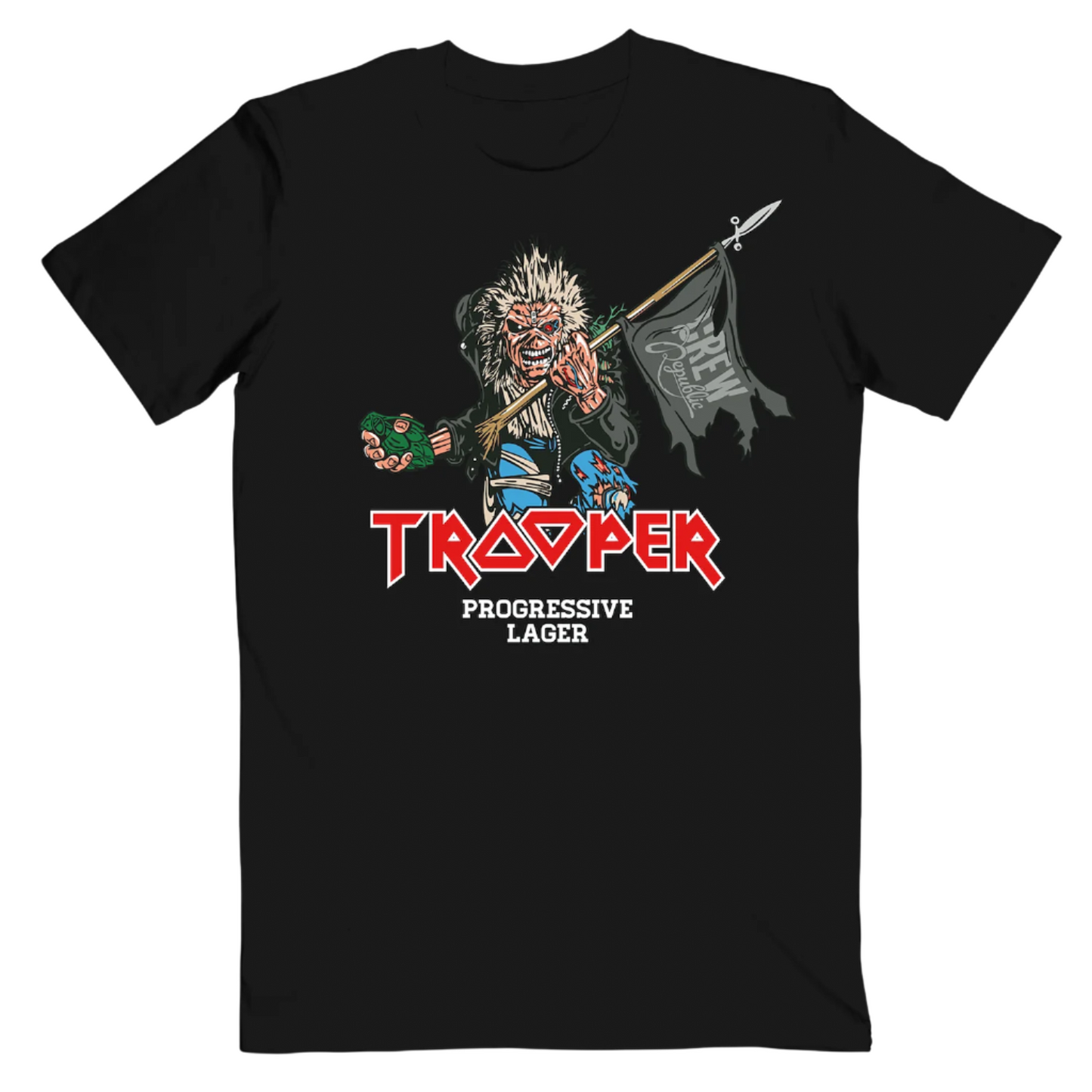 Front of the Iron Maiden TROOPER Run for Your Lives 2025 World Tour Edition T-shirt featuring Eddie holding a spear and CREW Republic flag.