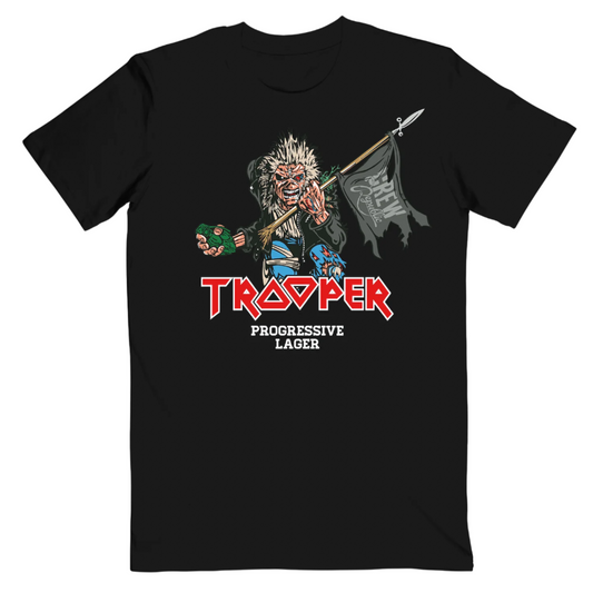 Front of the Iron Maiden TROOPER Run for Your Lives 2025 World Tour Edition T-shirt featuring Eddie holding a spear and CREW Republic flag.