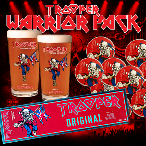 Iron Maiden Trooper Warrior Pack – featuring the all-new Trooper bar mat, coasters, and pint glasses for the ultimate fan experience!