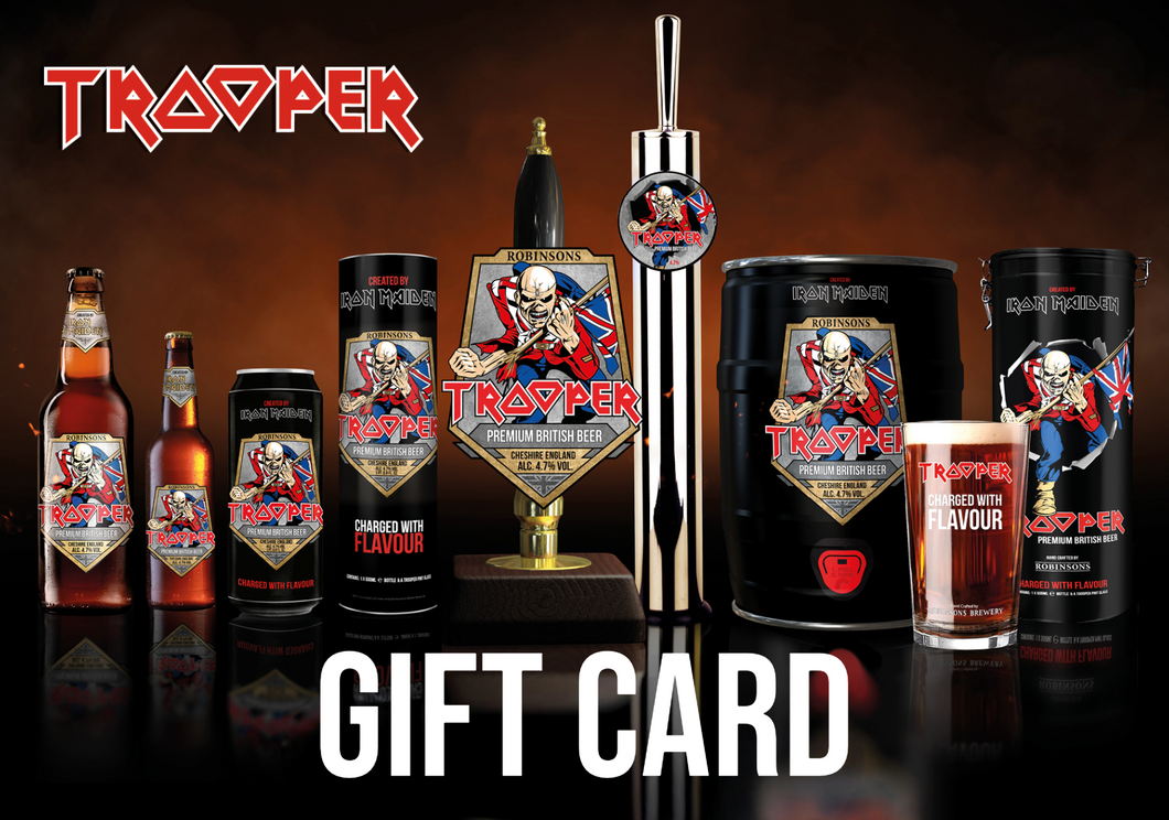 Trooper Beer gift card featuring Iron Maiden’s official beer range by Robinsons Brewery, including bottles, cans, kegs, tap handle, and pint glass.