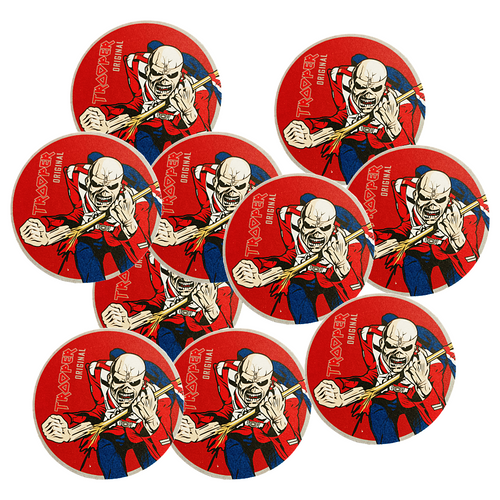 Trooper Original red round beer coasters featuring Eddie, official Iron Maiden design by Robinsons Brewery.
