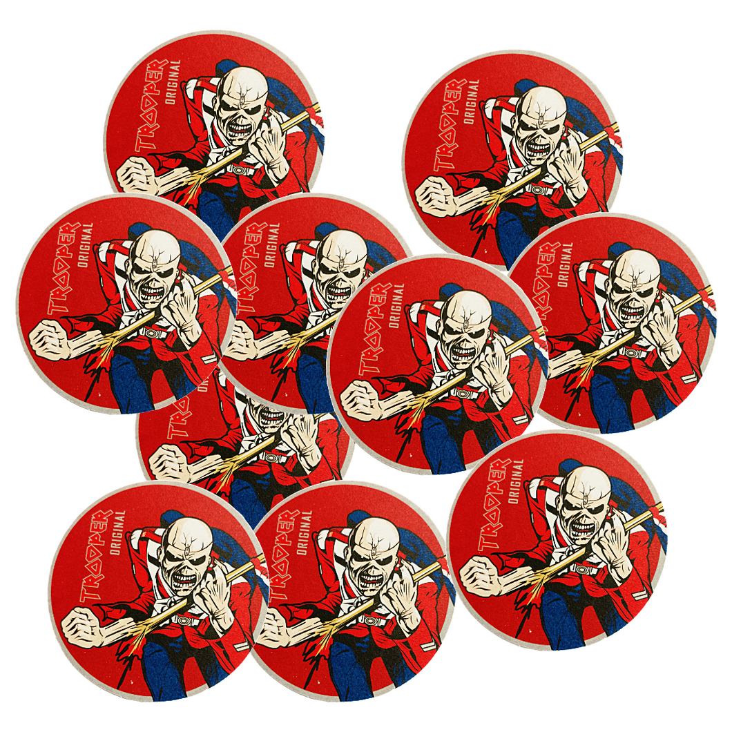 Trooper Original red round beer coasters featuring Eddie, official Iron Maiden design by Robinsons Brewery.