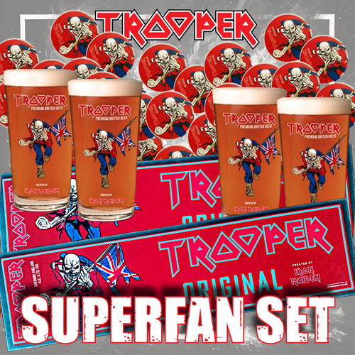 Trooper Superfan Set featuring 4 Iron Maiden pint glasses, 20 coasters, and 2 bar mats in a bold red design with Eddie artwork and Trooper branding.