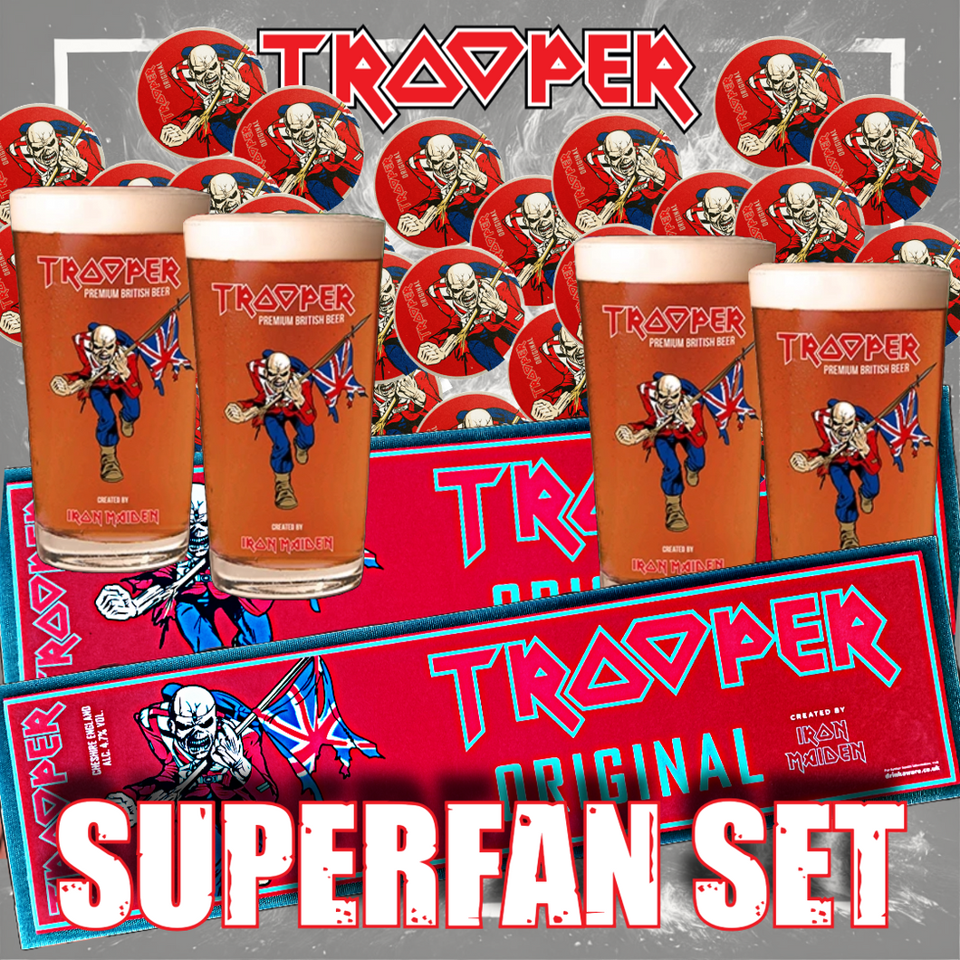 Trooper Superfan Set featuring 4 Iron Maiden pint glasses, 20 coasters, and 2 bar mats in a bold red design with Eddie artwork and Trooper branding.