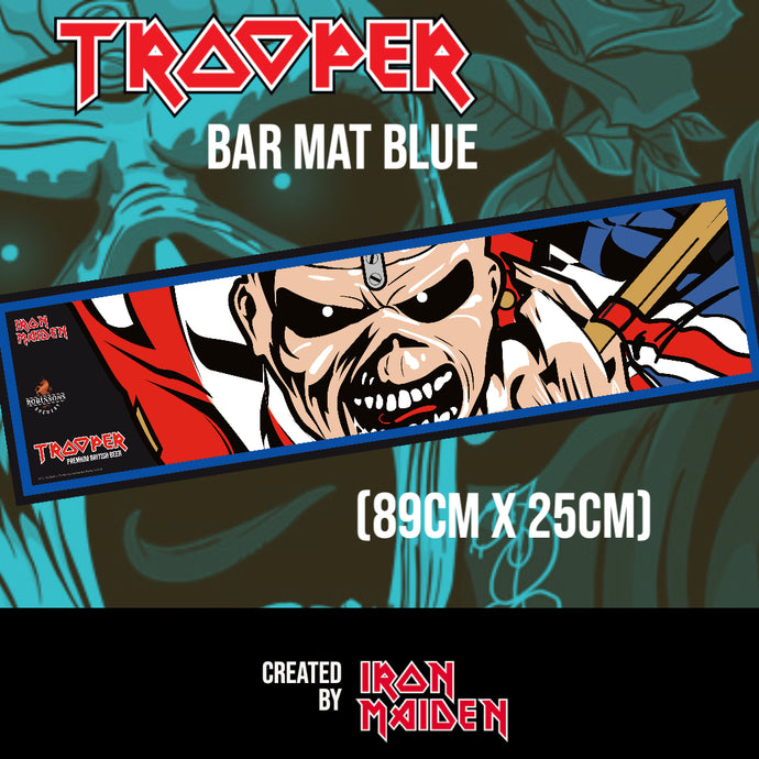 Iron Maiden Trooper blue bar mat featuring Eddie the Trooper mascot holding the Union Jack flag, with the text ‘89cm x 25cm,’ crafted by Robinsons Brewery.