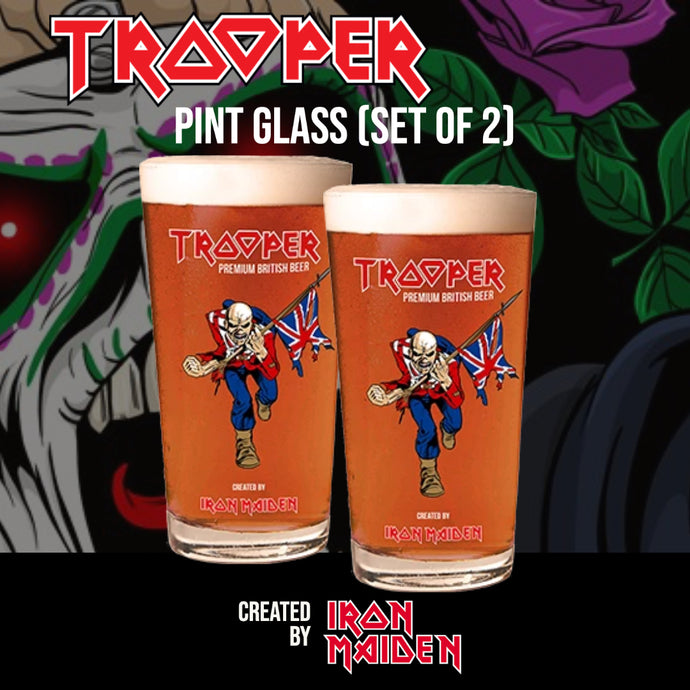 Set of two Iron Maiden Trooper pint glasses filled with Trooper Premium British Beer, featuring Eddie the Trooper mascot and Union Jack design.