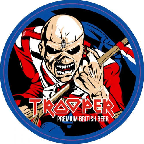 Front of Iron Maiden Trooper Premium British Beer coaster featuring Eddie the Trooper mascot holding the Union Jack flag.
